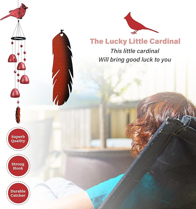 Cardinal Wind Chimes for Outside，Red Bird Wind Chimes Outdoor Decorations, for Mom/Grandma，Garden Patio Backyard Hanging Decor.