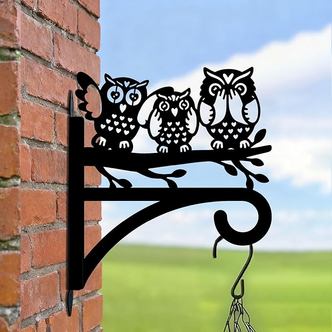 Owl Plant Hanger Bracket Iron Plant Brackets 10.6 x 11.8 Inch Black Leaf Animal Silhouette Indoor Outdoor Decorative Basket Wall Mounted Hanging Hooks for Flowers Pot Wind Chime Lantern