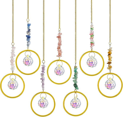 HDCRYSTALGIFTS 7PCS Crystal Suncatchers Rainbow Maker Healing Crystals for Window Prism Balls Indoor Outdoor Hanging Ornament Pendant Decor for Home, Garden, Wedding, Christmas Tree (12inch)