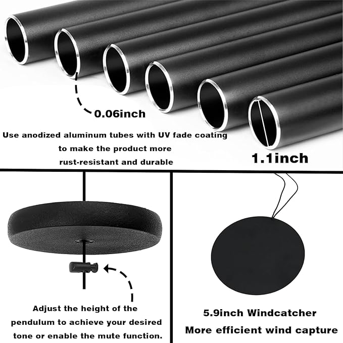 66" Extra Large Wind Chimes for Outside, Deep Soulful 6 Tube Aluminum Windchimes with Healing, Breezy Melodies, Rustproof Black Finish Heartfelt Gift for Mom's Patio Garden