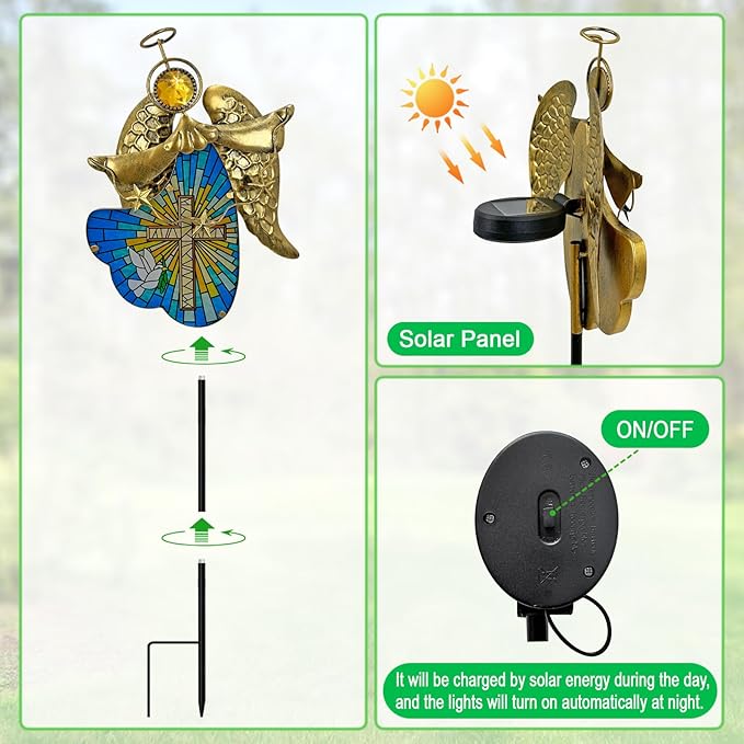 Solar Cross for Cemetery Grave,Metal Angel Garden Stake Pathway Light for Yard Patio Cemetery,Solar Angel Garden Decor Statue for Outside,Memorial Gifts for Women
