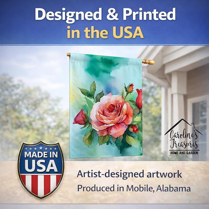 Caroline's Treasures Oklahoma Roses in Watercolor House Flag Large Porch Sleeve Pole Decorative Outside Yard Banner Artwork Wall Hanging, Polyester, House Size, Multicolor