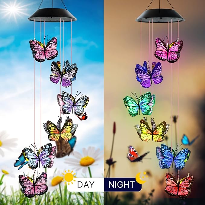 Wind Chimes for Outside, AVEKI Butterfly Solar Wind Chime Waterproof LED Color-Changing Wind Chimes Solar Powered Lights for Home Garden Christmas Decoration Gifts…