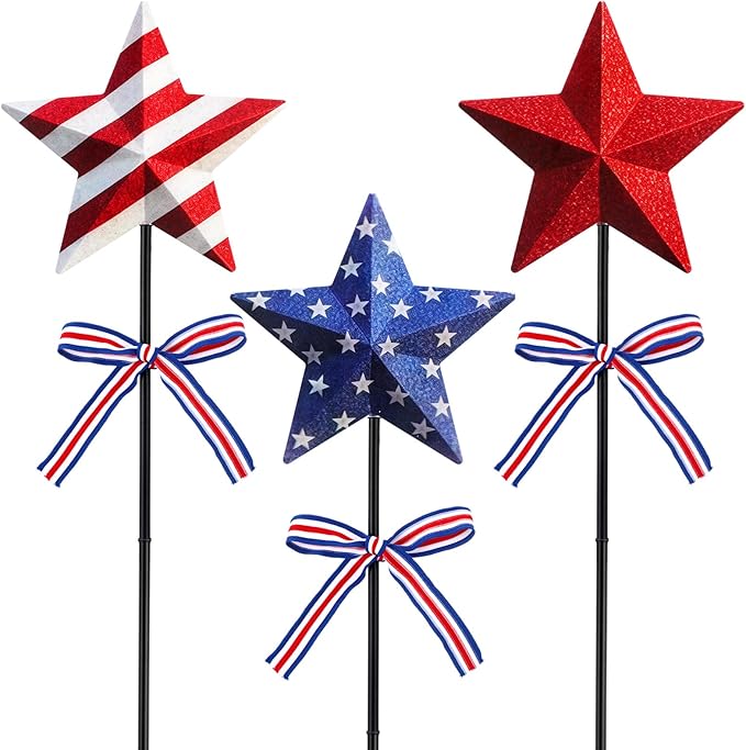 Amyhill 4th of July Decorations, 3 Pack Patriotic Star Garden Stakes, Glitter 250th Anniversary Red White Blue Metal Yard Signs with Stakes, Outdoor Decor for Patio Lawn Walkway