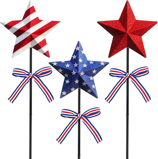Amyhill 4th of July Decorations, 3 Pack Patriotic Star Garden Stakes, Glitter 250th Anniversary Red White Blue Metal Yard Signs with Stakes, Outdoor Decor for Patio Lawn Walkway