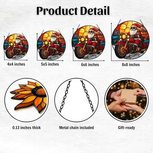 Cool Retro Santa Riding Motorcycle Mosaic Acrylic Suncatcher Stained Glass Effect Window Car Hanging Christmas Ornament Indoor Outdoor Decor Garden Sun Catcher Panel for Women Mom Grandma