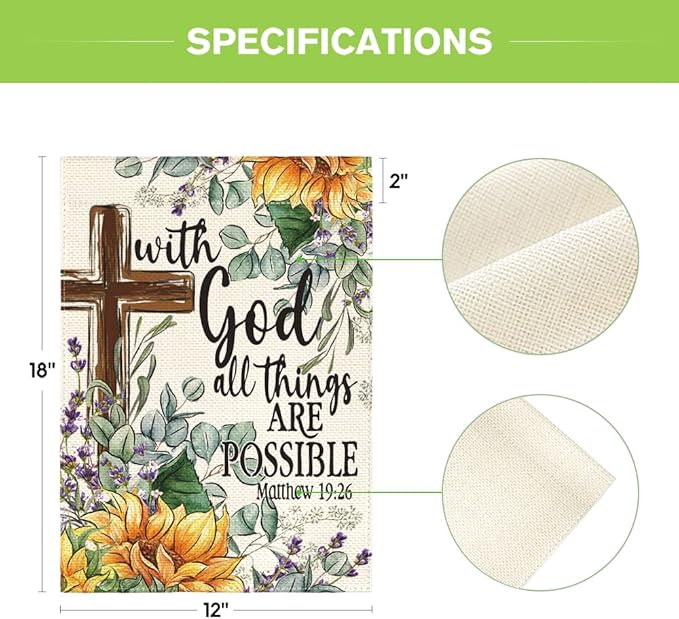 AVOIN colorlife Sunflower Spring Summer Garden Flag 12x18 Inch Double Sided Outside, With God All Things Are Possible Floral Yard Outdoor Decoration