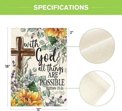 AVOIN colorlife Sunflower Spring Summer Garden Flag 12x18 Inch Double Sided Outside, With God All Things Are Possible Floral Yard Outdoor Decoration