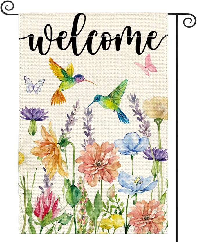 AVOIN colorlife Hummingbird Spring Flowers Garden Flag 12 x 18 Inch Double Sided, Seasonal Welcome Yard Outdoor Flag