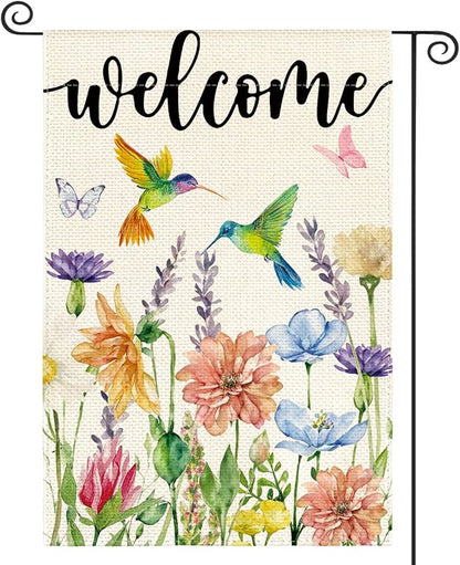 AVOIN colorlife Hummingbird Spring Flowers Garden Flag 12 x 18 Inch Double Sided, Seasonal Welcome Yard Outdoor Flag