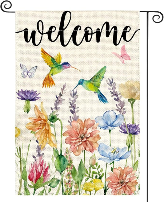AVOIN colorlife Hummingbird Spring Flowers Garden Flag 12 x 18 Inch Double Sided, Seasonal Welcome Yard Outdoor Flag