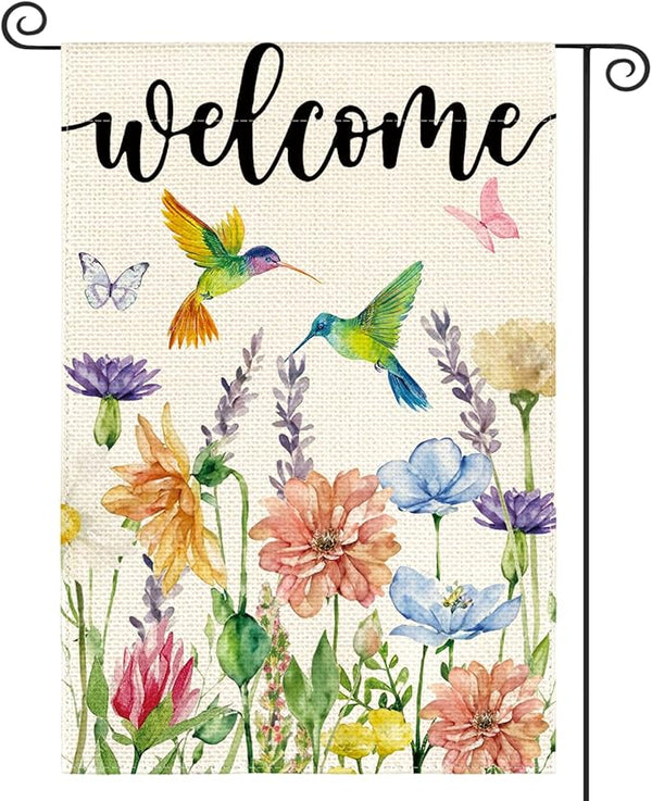 AVOIN colorlife Hummingbird Spring Flowers Garden Flag 12 x 18 Inch Double Sided, Seasonal Welcome Yard Outdoor Flag