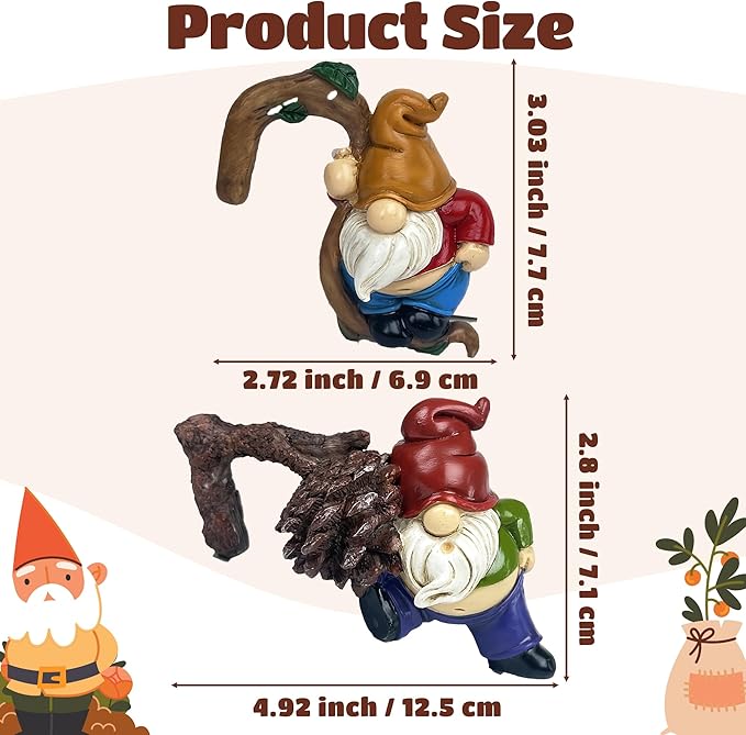 2PCS Cute Sleeping Gnome Statue Flower Pot Hugger, Standing and Leaning on Pine Nuts Gnome Resin Hanging Statue Outdoor Garden Decor, Fence Ornaments for Patio Lawn Garden Yard Plant Pot
