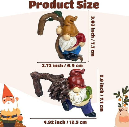 2PCS Cute Sleeping Gnome Statue Flower Pot Hugger, Standing and Leaning on Pine Nuts Gnome Resin Hanging Statue Outdoor Garden Decor, Fence Ornaments for Patio Lawn Garden Yard Plant Pot