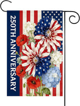 250th Anniversary Garden Flag 12x18 Inch Double Sided, 4th of July Garden Flag with Colorful Flower Design, Red White Blue USA Flags, Garden Decoration for Independence Day, Summer Yard Decor