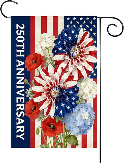 250th Anniversary Garden Flag 12x18 Inch Double Sided, 4th of July Garden Flag with Colorful Flower Design, Red White Blue USA Flags, Garden Decoration for Independence Day, Summer Yard Decor