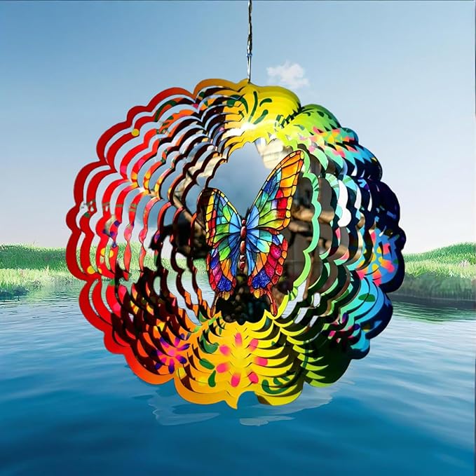 Wind Spinner, 3D Hanging Wind Spinner Ornament, Gifts for Women Mom Grandma, 12inch Metal Wind Kinetic Sculpture for Outdoor&Indoor Decor, Yard Art, Garden Decoration (Flower Butterfly)