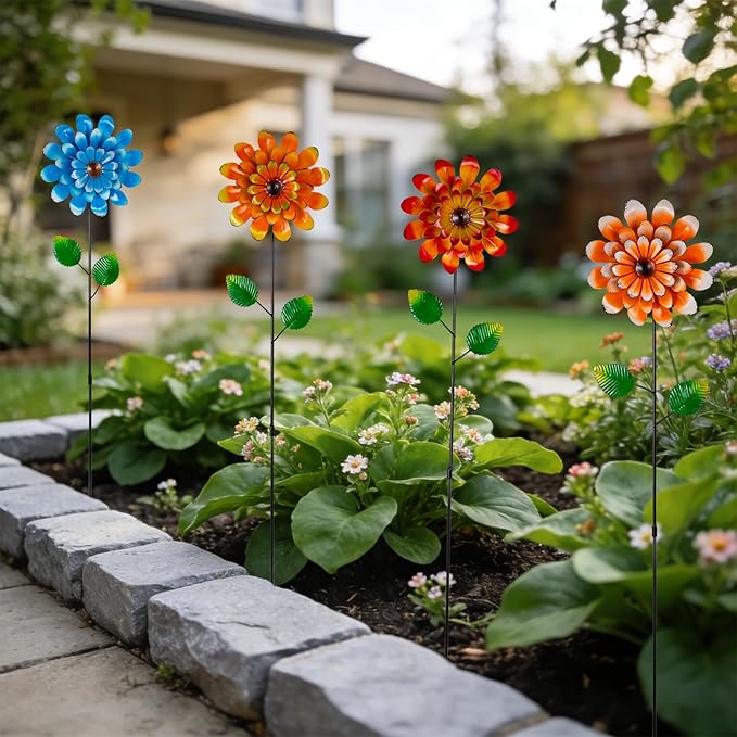 4 Pcs Wind Spinners Outdoor, Small Metal Flower Windmill, Colorful Pinwheels Decorative Garden Stakes for Yard Patio Lawn Garden Decor, 26 x 5 Inches