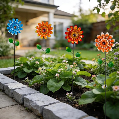 4 Pcs Wind Spinners Outdoor, Small Metal Flower Windmill, Colorful Pinwheels Decorative Garden Stakes for Yard Patio Lawn Garden Decor, 26 x 5 Inches
