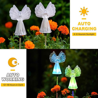 Outdoor Solar Garden Lights,4 Pack Solar Angel Decorative Lights, IP67 Waterproof Color Changing LED Solar Outdoor Lights,Solar Stake Lights for Cemetery Grave Garden Patio Yard Lawn Decoration