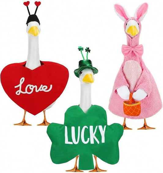 Abbylike 3 Sets St. Patrick's Day Porch Goose Outfits Lucky Shamrock Clover Yard Goose Clothes Easter Spring Lawn Costume for 23 Inch Cement Patio Garden Outdoor Statue Art Decorations