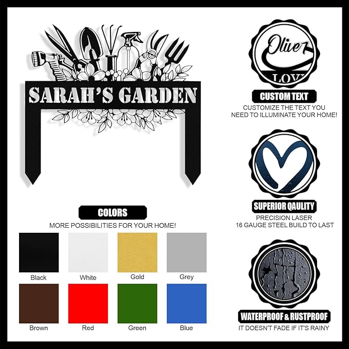 Personalized Metal Garden Signs with Stake, Custom Garden Tool Signs for Outside Waterproof, Customized Name Sign Yard Lawn Gardens Decor Gardening Gifts for Moms Grandmas Gardeners