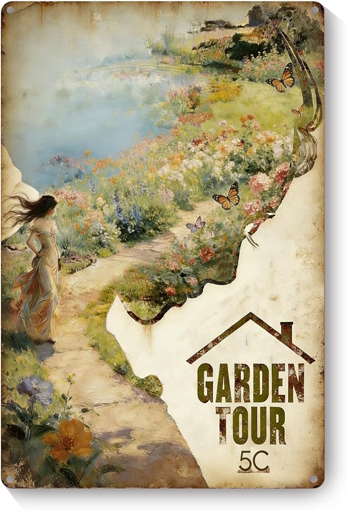 Vintage Metal Garden Sign, Garden Tour 5C Wall Decor, Funny Gardening Gifts for Women, Home Patio Yard Art, 12 x 8 Inches