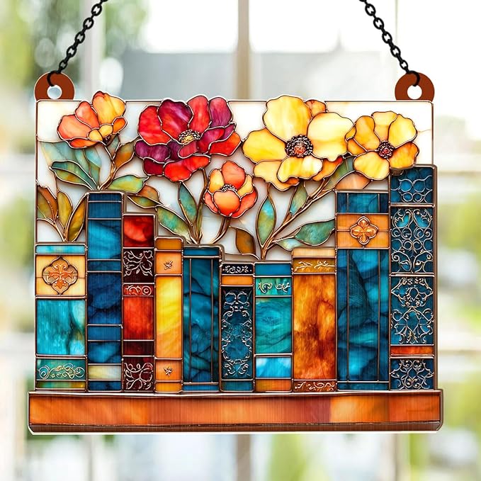 Jesuspirit - Window Hanging Suncatcher – Crystal Clear Acrylic & Wood Sun Catcher for Home Decor, for Women (The Floral Library, 6 Inches)