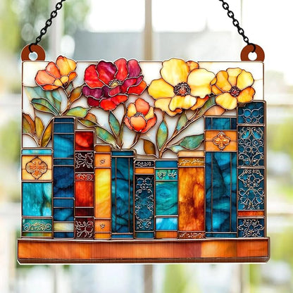 Jesuspirit - Window Hanging Suncatcher – Crystal Clear Acrylic & Wood Sun Catcher for Home Decor, for Women (The Floral Library, 8 Inches)