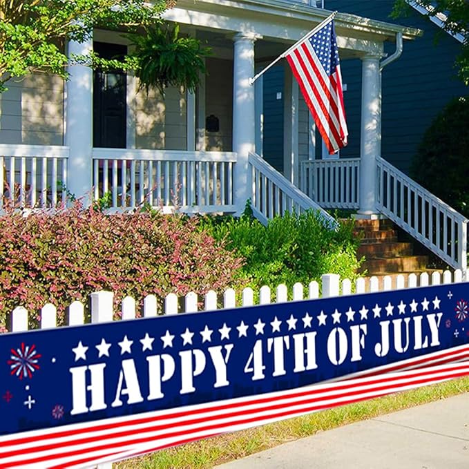 Happy 4th of July Banner 20 * 120inch Decorations Outdoor Patriotic Yard Sign Party Supplies Red White and Blue Stars USA Independence Day Backdrop for Outside Indoor Fence Balcony Garden Decorations