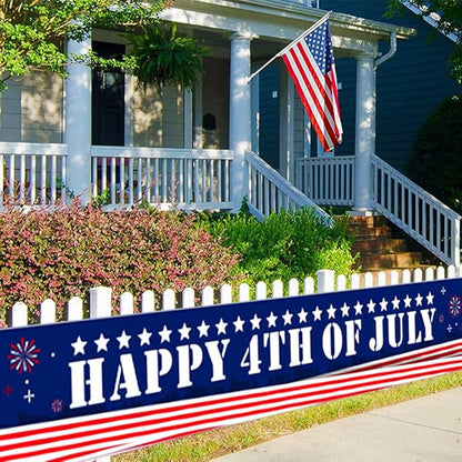Happy 4th of July Banner 20 * 120inch Decorations Outdoor Patriotic Yard Sign Party Supplies Red White and Blue Stars USA Independence Day Backdrop for Outside Indoor Fence Balcony Garden Decorations