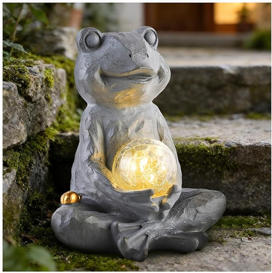 Zen Solar Frog Garden Statue with Crackle Glass Light, Meditation Outdoor Decor, Waterproof Solar Garden Accent, 8.7"