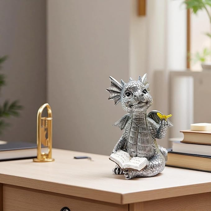 Cute Dragon Reading Book Statue, 5.9-Inch Tall Dinosaur Holding Butterfly Figurines Art Resin Sculpture Outdoor Garden Decor Home Desk Ornaments