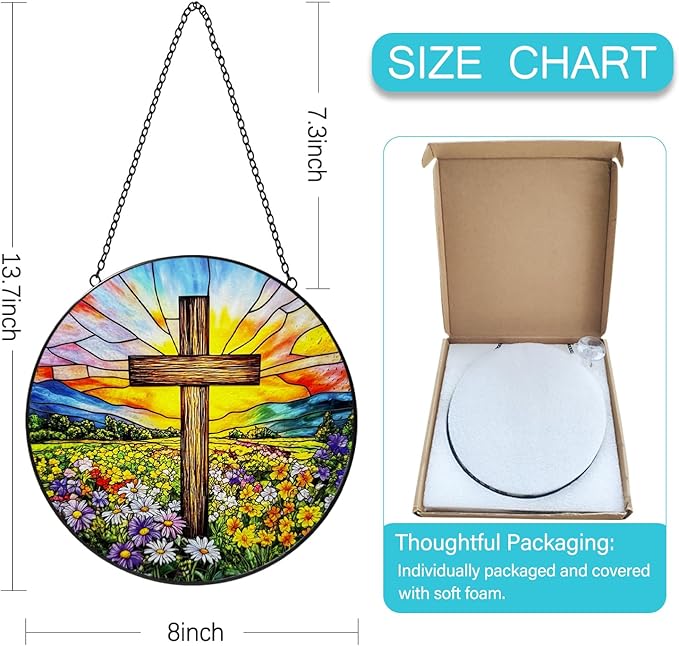 Stained Glass Window Hanging, 8 Inch Stained Glass Cross Wildflower Suncatcher, Sun Catchers Indoor Window, Floral Cross Religious Home Garden Decor Glass Panel, Easter Faith Christian Gifts for Women
