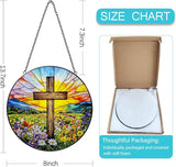 Stained Glass Window Hanging, 8 Inch Stained Glass Cross Wildflower Suncatcher, Sun Catchers Indoor Window, Floral Cross Religious Home Garden Decor Glass Panel, Easter Faith Christian Gifts for Women