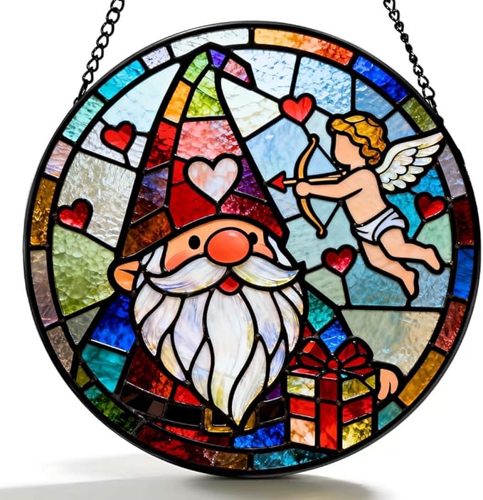 Funoasis Stained Glass Window Hanging Suncatcher - 6.3 Inches Cupid's Arrow of Love and Gnome Ornaments Sun Catcher Home Decor Valentine's Day Gift