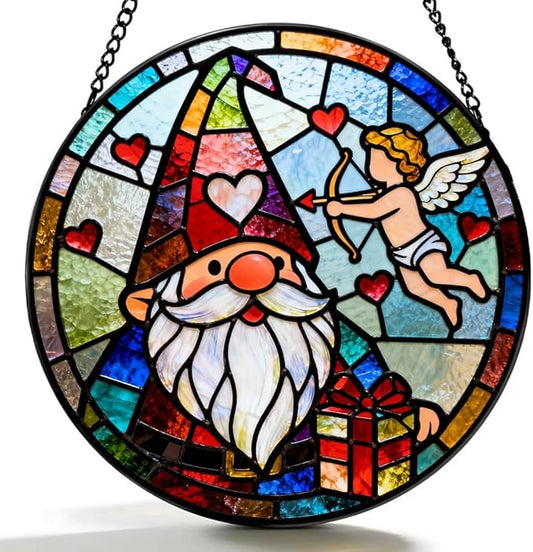 Funoasis Stained Glass Window Hanging Suncatcher - 6.3 Inches Cupid's Arrow of Love and Gnome Ornaments Sun Catcher Home Decor Valentine's Day Gift