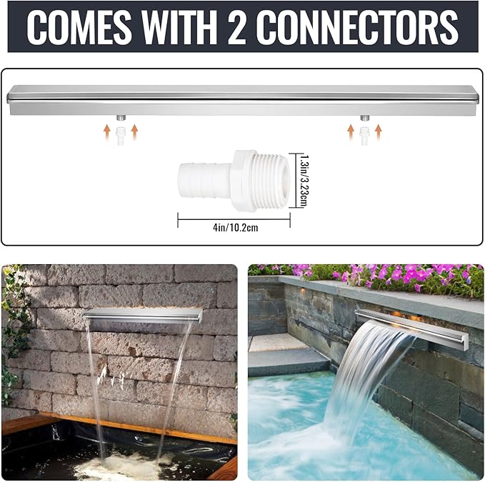 Pool Waterfall Fountains, Stainless Steel Rectangular Pool Waterfall Spillway with Pipe Connector for Indoor/Outdoor Decorative (59.1 Inch)