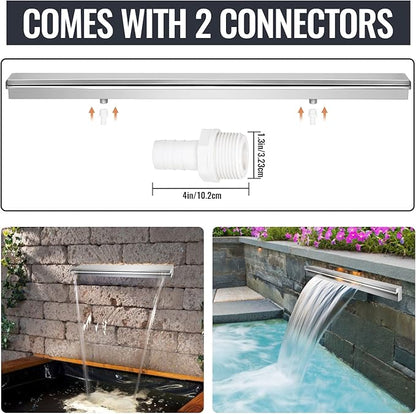 Pool Waterfall Fountains, Stainless Steel Rectangular Pool Waterfall Spillway with Pipe Connector for Indoor/Outdoor Decorative (59.1 Inch)