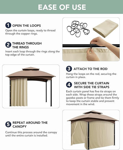 Gazebo Curtains Outdoor Waterproof - 10'Wx12'Lx7.9'H Gazebo Universal Replacement Privacy Curtains, 4 Panels Sidewall Drapes with Zipper for Patio Pergola Garden Backyard, Cream