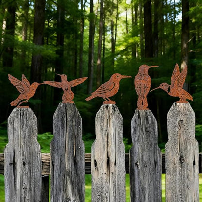 5Pcs Metal Birds Yard Decor for Wall Fence Rusty Garden Art Hummingbirds Pattern Durable Iron Yard Sculptures for Farmhouse Outdoor Pathway Patio Lawn Ornaments Ground Insert Decorations