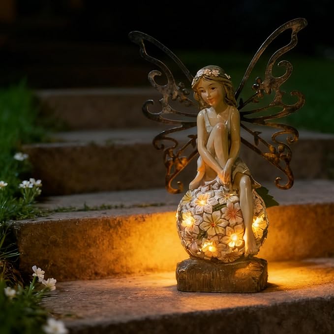 Suyorpe Flower Fairy Garden Decor,Garden Fairy Statues Outdoor,Solar Powered Outdoor Fairy Figurine Accessories,Patio Lawn Yard Porch, Resin Ornaments for Outside Gifts,9.45 Inches Tall