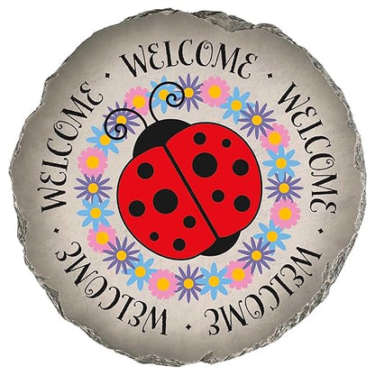 Magnolia Garden 10-Inch Welcome Ladybug Decorative Stepping Stone – Colorful Floral Resin Garden Walkway Tile – Whimsical Red & Pink Outdoor Accent – Luck & Happiness Front Porch Decoration
