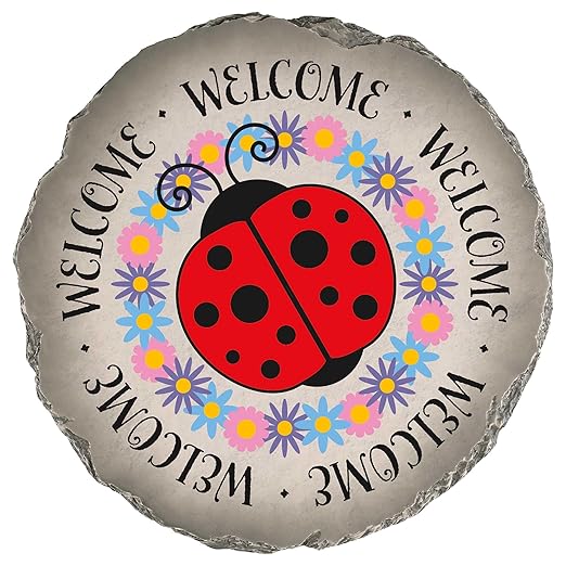 Magnolia Garden 10-Inch Welcome Ladybug Decorative Stepping Stone – Colorful Floral Resin Garden Walkway Tile – Whimsical Red & Pink Outdoor Accent – Luck & Happiness Front Porch Decoration