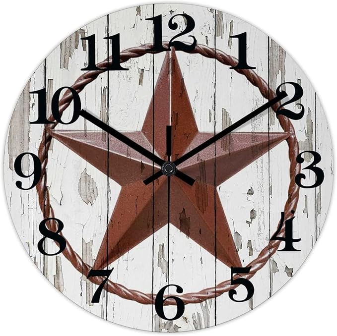 Round Farmhouse Wall Clock Western Texas Star Country Style Wood Clock Quiet Non-ticking Battery Operated with Large Numbers Antique Wall Hanging Desk Clock for Living Room Patio Patio 12 Inch