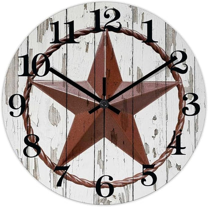 Round Farmhouse Wall Clock Western Texas Star Country Style Wood Clock Quiet Non-ticking Battery Operated with Large Numbers Antique Wall Hanging Desk Clock for Living Room Patio Patio 12 Inch