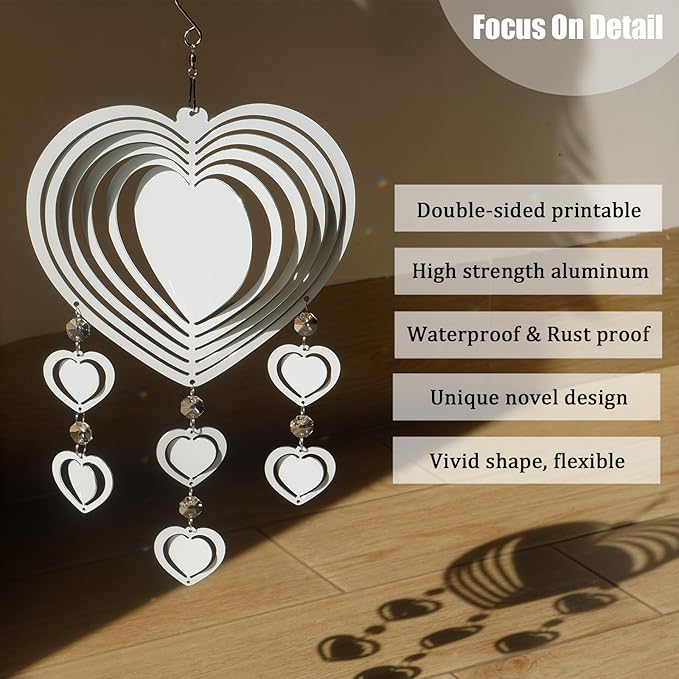 4Pack 10inch Sublimation Wind Spinner Blanks 3D Aluminum Metal Wind Sculpture Kinetic Spinners for Yard and Garden Indoor Art Ornaments Hanging Decoration (Heart Pendant)