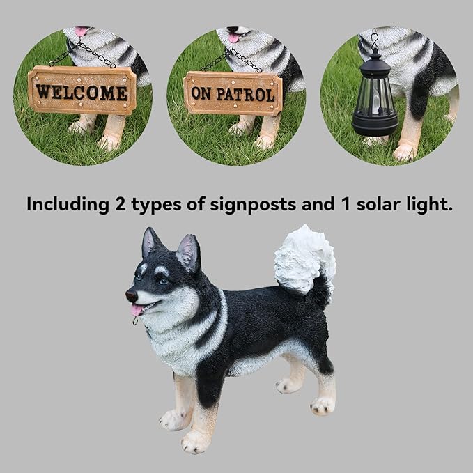 Solar Akita Garden Statue with Lantern & Double-Sided Sign - Outdoor Dog Decor for Yard, Patio, Porch - Resilient Resin Puppy Sculpture, Auto On/Off Solar Path Lights - Dog Memorial Gift