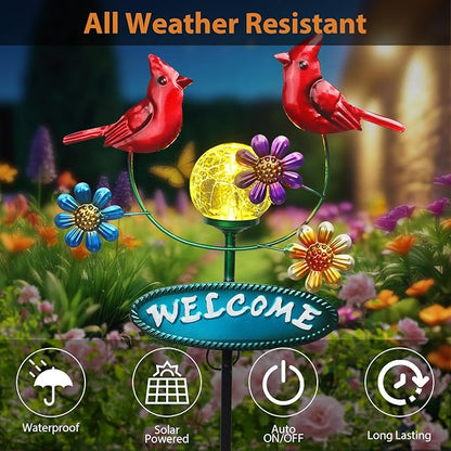Solar Garden Stakes Metal Welcome Signs for Outside 29.5', 2 Flying Cardinals with Cracked Glass Ball,Decorative Garden Stakes for Lawn, Patio, Cardinal Gifts for Women