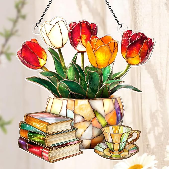 Jesuspirit - Window Hanging Suncatcher – Crystal Clear Acrylic & Wood Sun Catcher for Home Decor, for Women (Nostalgic Tulips, Books, and Tea -, 8 Inches)